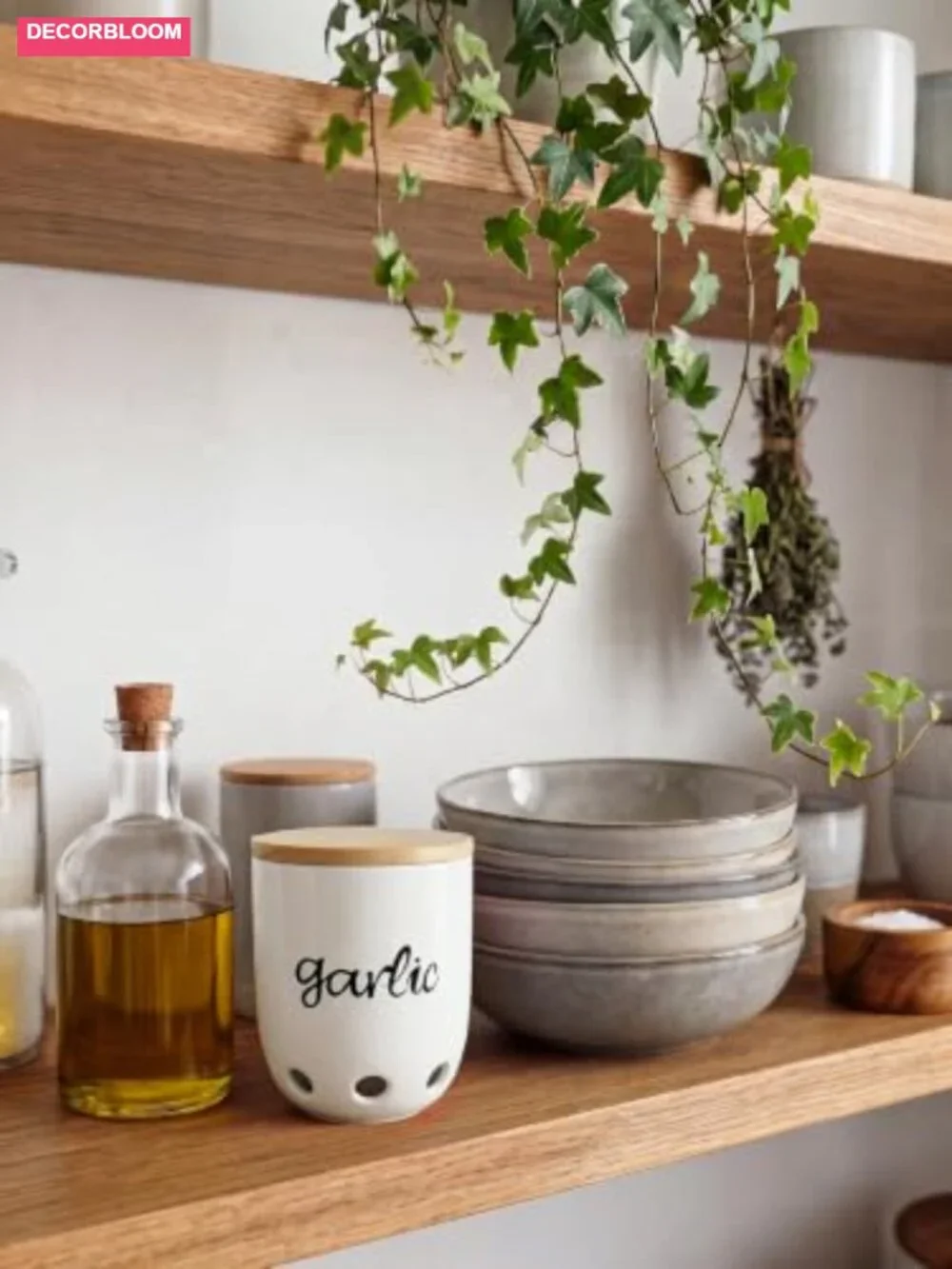 Ceramic Garlic Keeper with Wood Lid Countertop Storage